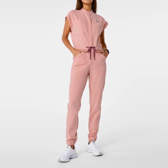 Figs Pants - FIGS- Rafaela Cargo ScrubJumpsuit in pink sand